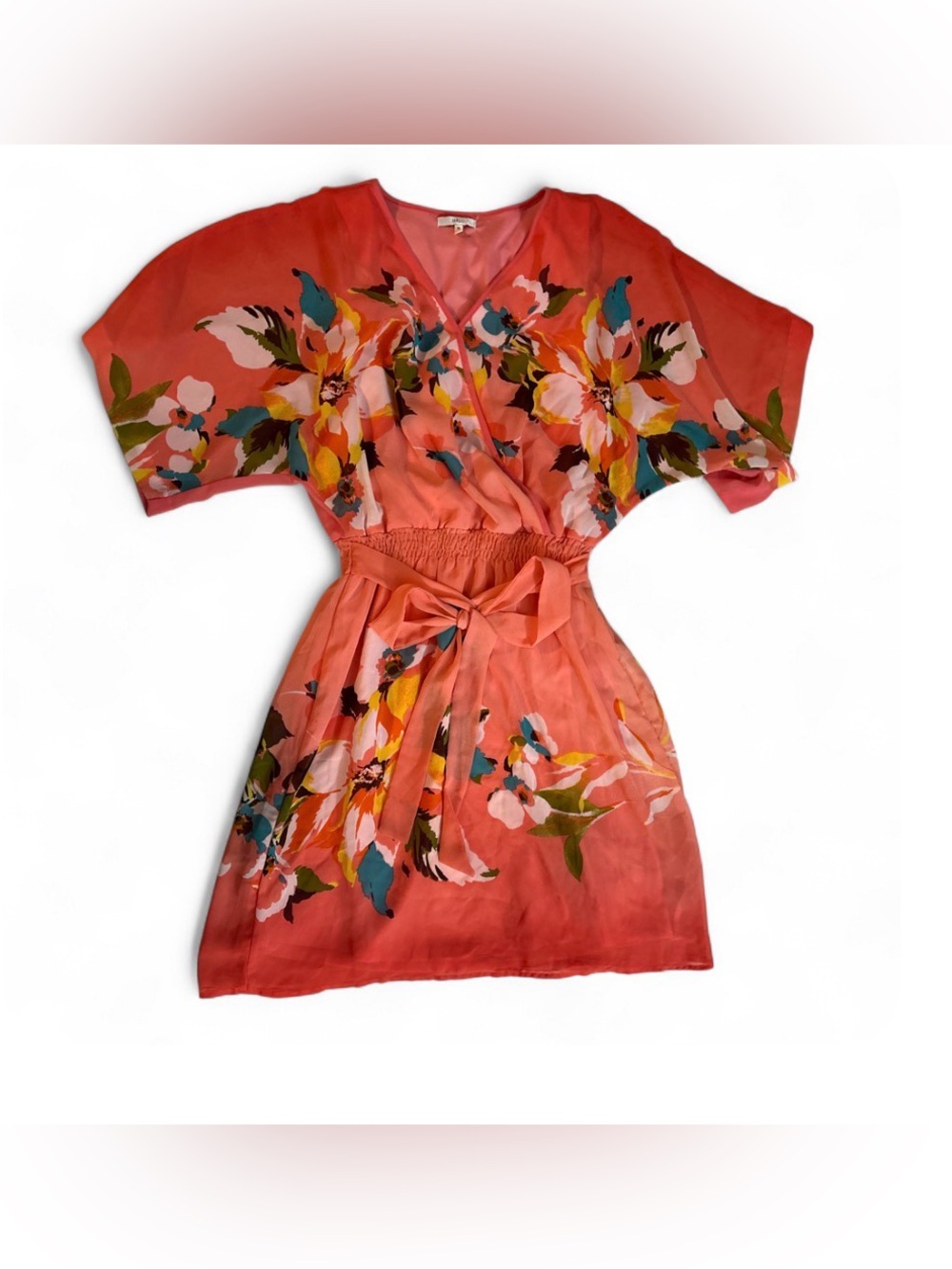 Halo Coral Floral Wrap-Style Dress with Tie